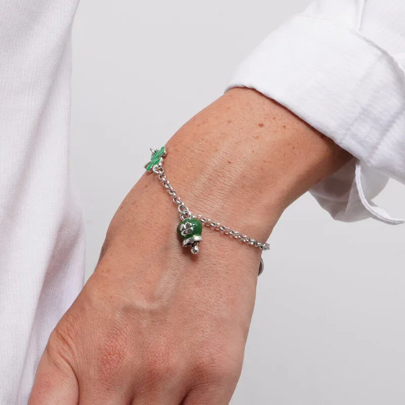 Bracciale in Acciaio con quadrifoglio e campanella verde con quadrifoglio - BYSIMON gioielli