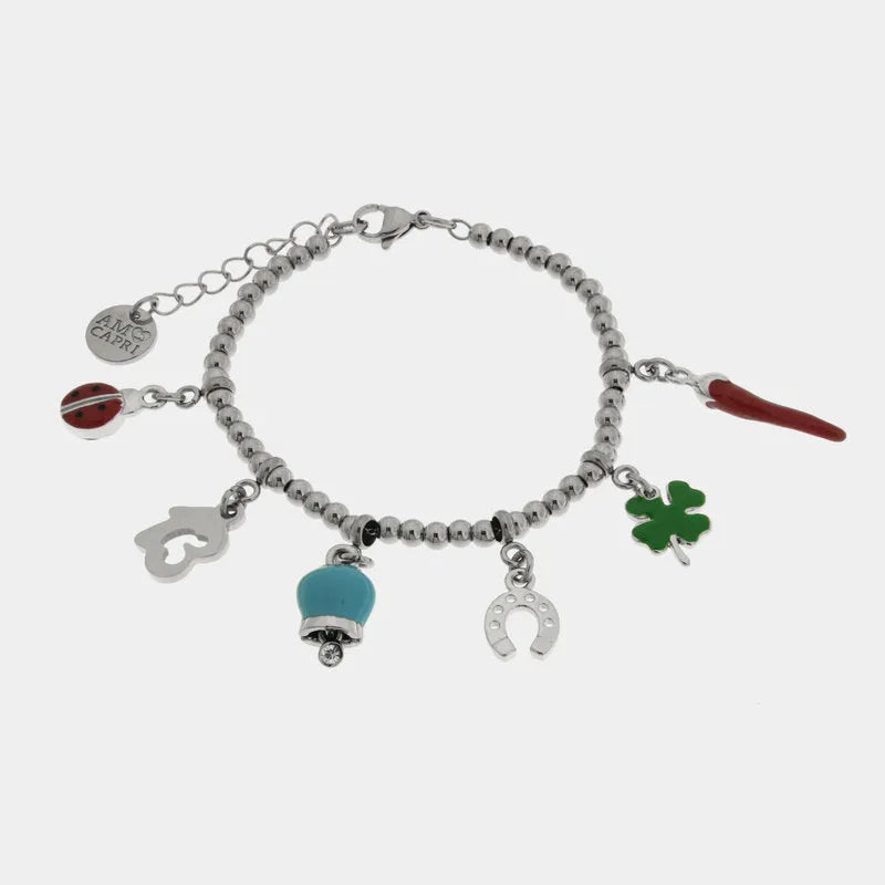 Bracciale in Acciaio con corno napoletano, quadrifoglio, coccinella, campanella capri - BYSIMON gioielli