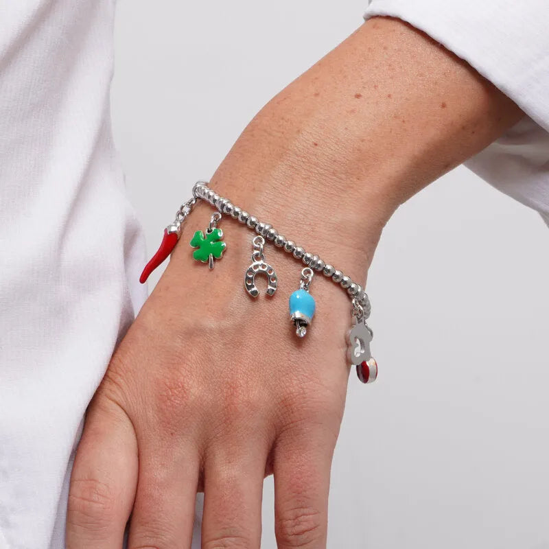 Bracciale in Acciaio con corno napoletano, quadrifoglio, coccinella, campanella capri - BYSIMON gioielli