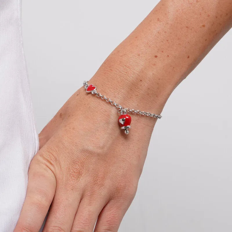 Bracciale in Acciaio con cuore rosso e campanella portafortuna con cuore - BYSIMON gioielli