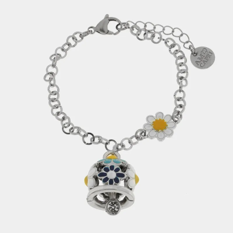 Bracciale in Acciaio con campanella e margherite blu e bianche - BYSIMON gioielli