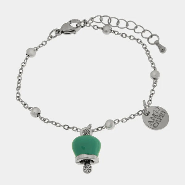 Bracciale in Acciaio con campanella portafortuna pendente verde acqua - BYSIMON gioielli