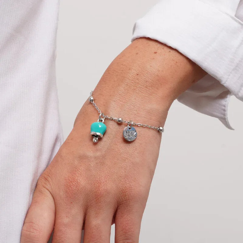 Bracciale in Acciaio con campanella portafortuna pendente verde acqua - BYSIMON gioielli