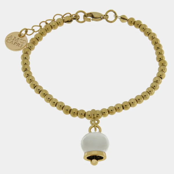 Bracciale in Acciaio maglia a sfere con campanella portafortuna bianca e oro - BYSIMON gioielli