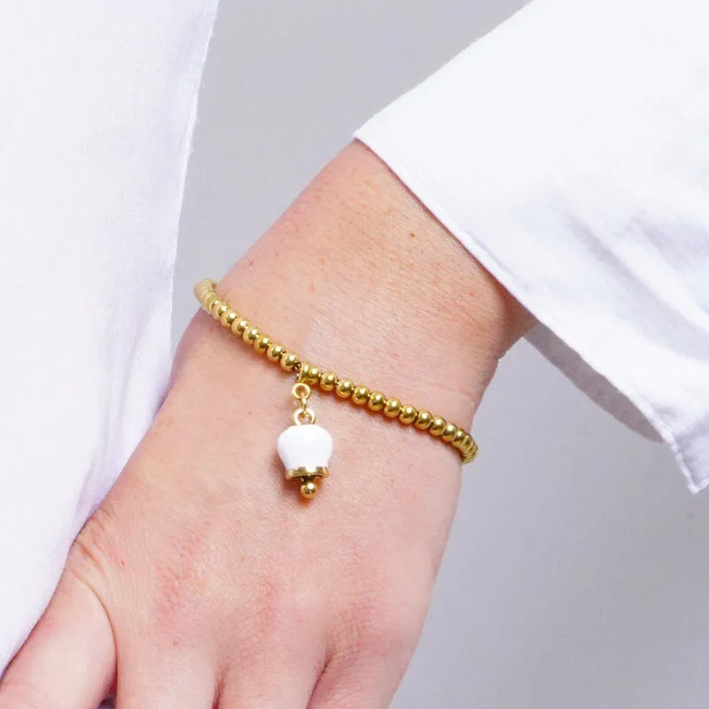 Bracciale in Acciaio maglia a sfere con campanella portafortuna bianca e oro - BYSIMON gioielli
