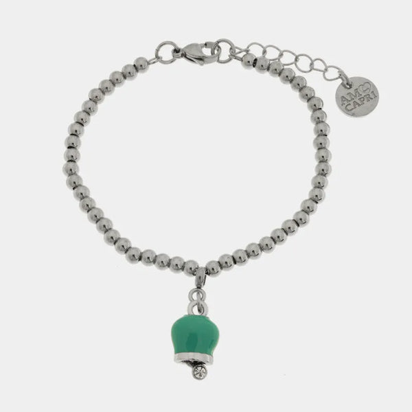 Bracciale in Acciaio maglia a sfere con campanella portafortuna verde acqua - BYSIMON gioielli