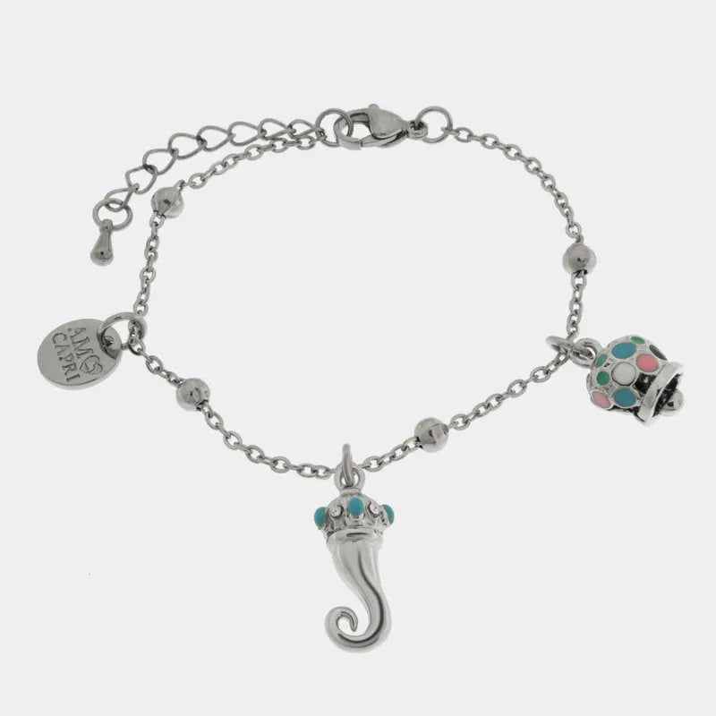Bracciale in Acciaio con corno impreziosito da punte di smalto turchese e campanella in smalti multicolore - BYSIMON gioielli