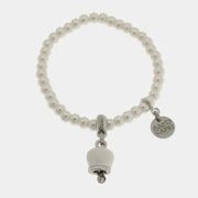 Bracciale in Acciaio con perle e campanella portafortuna in smalto bianco
