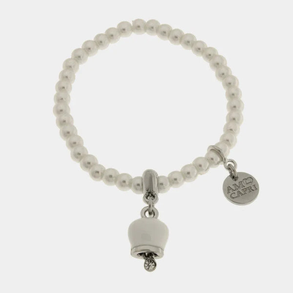 Bracciale in Acciaio Inossidabile con perle e campanella portafortuna in smalto bianco | gioielli in acciaio inossidabile | BYSIMON