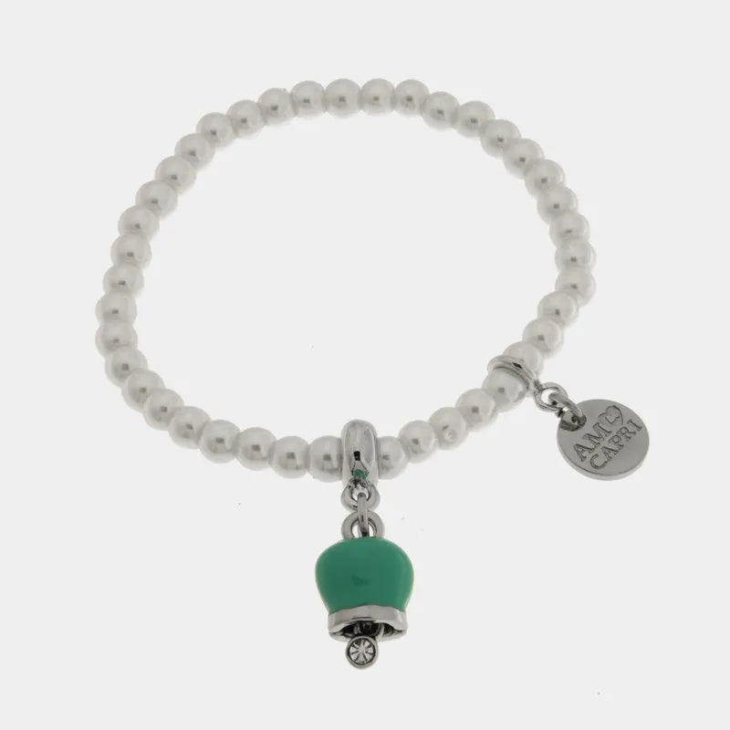 Bracciale in Acciaio con perle e campanella portafortuna in smalto verde - BYSIMON gioielli