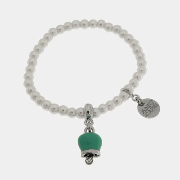 Bracciale in Acciaio con perle e campanella portafortuna in smalto verde - BYSIMON gioielli