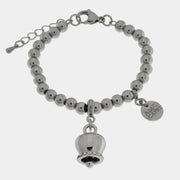 Bracciale in Acciaio maglia a sfere, con campanella portafortuna impreziosita da cristalli