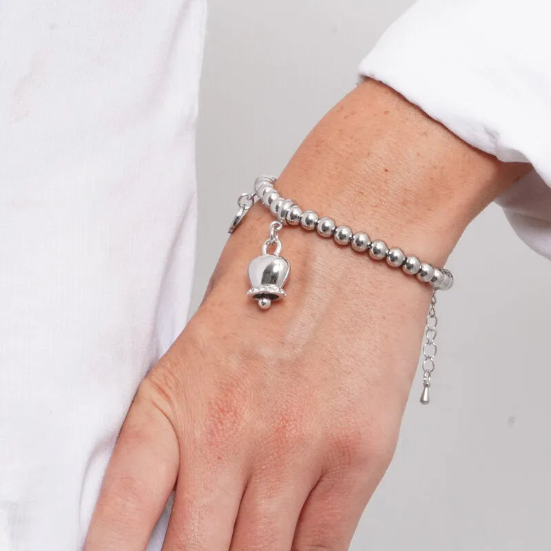 Bracciale in Acciaio maglia a sfere, con campanella portafortuna impreziosita da cristalli - BYSIMON gioielli