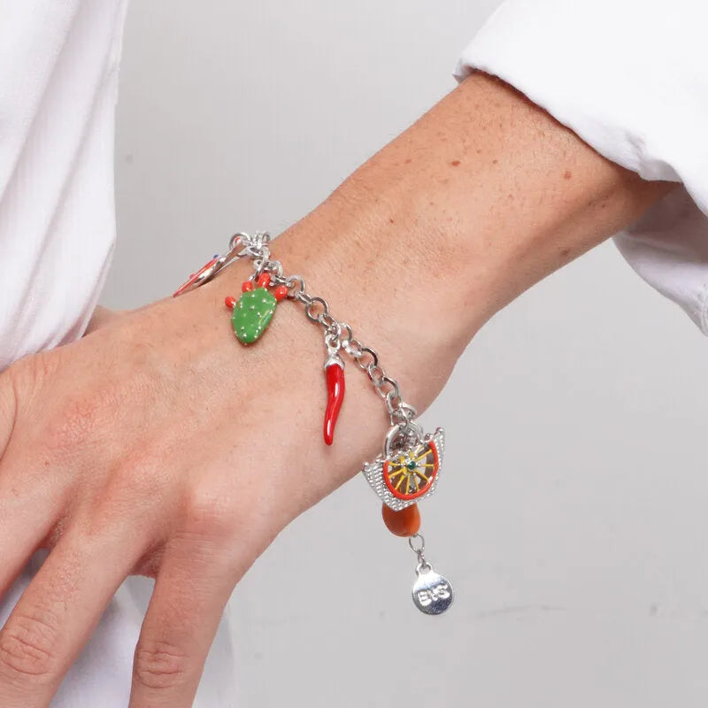 Bracciale in Acciaio con charm siciliani, carretto, coffa, fico d'india, corno portafortuna - BYSIMON gioielli
