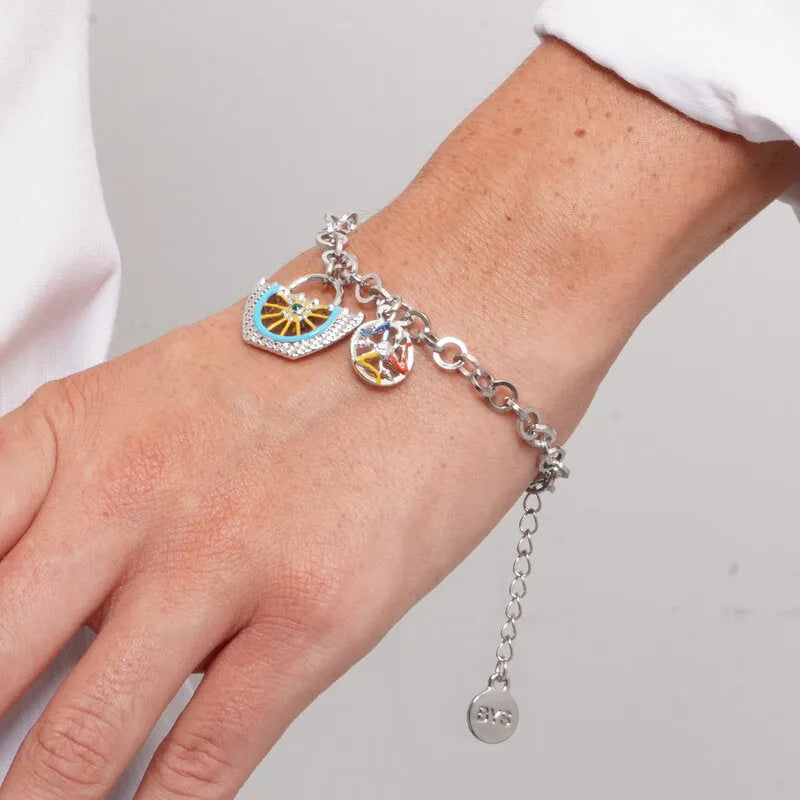 Bracciale in Acciaio con coffa siciliana impreziosita da disegno ruota carretto in smalti colorati