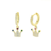 925 Silver circle earrings with snap closure and crown studded with white zircons and colored details