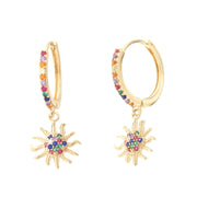 925 Silver hoop earrings with snap closure and sun-shaped pendant with multicolor zircons