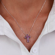 925 Silver necklace with cross and ruby ​​red zircons