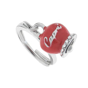 Metal ring with red lucky bell, with Capri writing in relief and white crystals