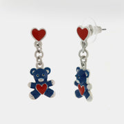 Metal earrings with blue teddy bear and red heart
