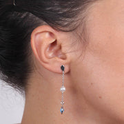 Orecchini in Argento 925 pendenti con cristallo azzurro e perla bianca centrale