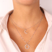 Collana in Argento 925 in doppio filo con pendenti a forma di sole e luna impreziositi da zirconi bianchi