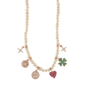 Collana in Argento 925 con perle e ciondoli a forma di croce, fiore, smile, cuore e quadrifoglio