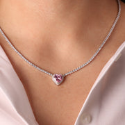 Collana in Argento 925 girocollo tennis in zirconi bianchi con cuore in zircone rosa