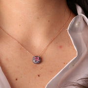 Collana in Argento 925 con ciondolo con cornice di zirconi viola e bianchi e zircone centrale color rosa