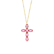 Cross-shaped 925 silver necklace with pink crystals