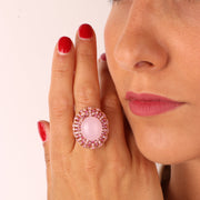Anello in Argento 925 pavè di zirconi multicolor e pietra centrale effetto quarzo rosa