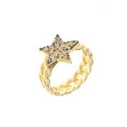 Anello in Argento 925 con maglia a catena e stella di zirconi multicolor