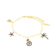 Bracciale in Argento 925 con filo a catena e ciondoli a forma di  stella marina, cavaluccio marino, palma, conchiglia, paguro e zirconi