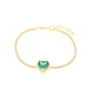 Bracciale in Argento 925 con zircone verde smeraldo a forma di cuore impreziosito da zirconi bianchi