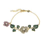 Bracciale in Argento 925 con foglie e fiori impreziositi da perle e zirconi colorati