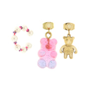 Steel earrings with bear-shaped earrings and earcuff with pearls