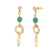 Metal earrings with green stones and pearls