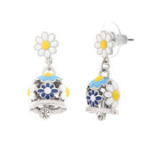 Metal earrings with bell and blue flowers