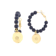 Metal circle earrings with blue stones and pendant ball