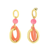 Metal earrings with orange and pink colored circles
