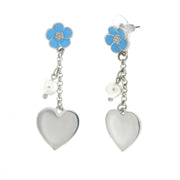 Metal earrings with blue lobe flower and pendant heart