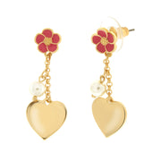 Metal earrings with pink lobe flower and pendant heart