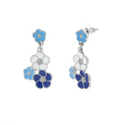 Metal earrings with blue, light blue and white flowers