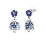Metal earrings with bell and blue, light blue and white flowers
