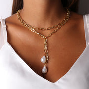 Collana in Metallo con doppio filo di catene e perle barocche pendenti
