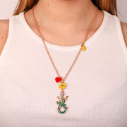 Collana in Metallo pendente con geco e fiore giallo, limone e cuore rosso