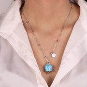 Collana in Metallo con campanella grande azzurra e scritta Capri impreziosito da cristalli bianchi