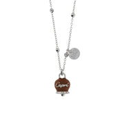 Collana in Metallo campanella portafortuna in smalto marrone, con scritta Capri a rilievo e cristalli bianchi