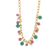 Metal necklace with pink and green stones