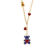 Metal necklace with blue teddy bear and red hearts